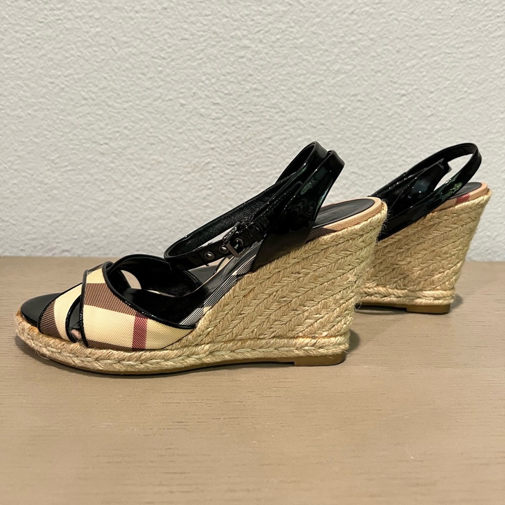 Burberry Black Leather Nova Check Espadrille Wedge